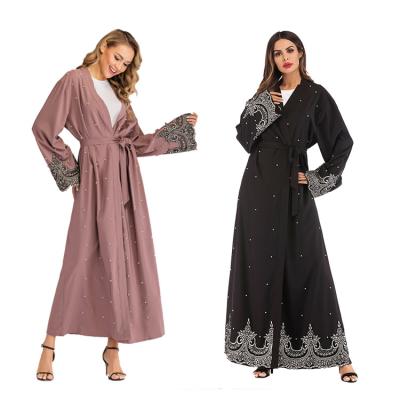 China Best Selling Polyester Middle East Arab Long Sleeve Cardigan Embroidered Beaded Maxi Dress Women Muslim Dresses Abaya for sale