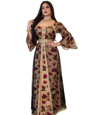 China New Arrival Dubai Floral Islamic Clothing Printed Patchwork Silk Mesh Ladies Muslim Dresses Gold for sale