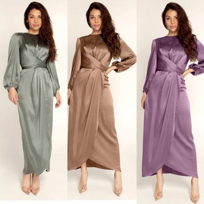 China High Quality Size Silk Lace Up Muslim Women Dresses Long Puff Sleeve Women's Turkey Satin Maxi Muslim Dress Silk Abaya for sale