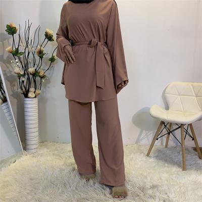 China Sweet Soft Feeling 2 Piece Set Islamic Clothing Abaya Modest Wear Muslim Women Top and Muslim Wide Leg Panties Set for sale