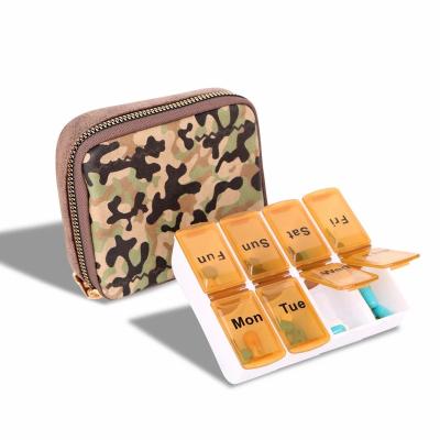 China Western Design Pill Box Travel Easy Carry Organizer Zippered Case Camouflage Print PU Leather Pill Box for sale