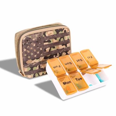 China Western Design Pill Box Travel Easy Carry Organizer Zippered Case Camouflage USA Flag Printing PU Leather Pill Box for sale