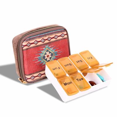 China Western Design Pill Box Travel Easy Carry Organizer Zippered Case Aztec Printing PU Leather Pill Box for sale