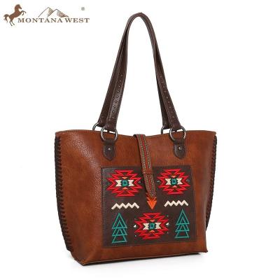 China Women PU Totebag Handbag Montana West High Capacity Leather National Style Embroidered Aztec Hidden Carry Tote Bag WG02-8317BR for sale