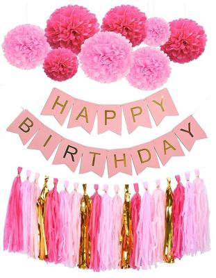 China Cute Pink Tissue Paper Banner Tissue Paper Pom Poms Happy Birthday Party Decoration Paper Set for sale