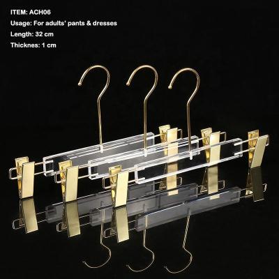 China 30 cm strong clear luxury acrylic flat hangers for pants and dress with clips for sale