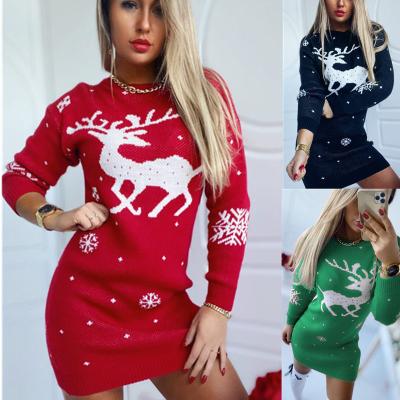 China New Pattern Knitted Dress Women's Elk Christmas Dress Long Sleeve Sweater Anti-Shrink for sale