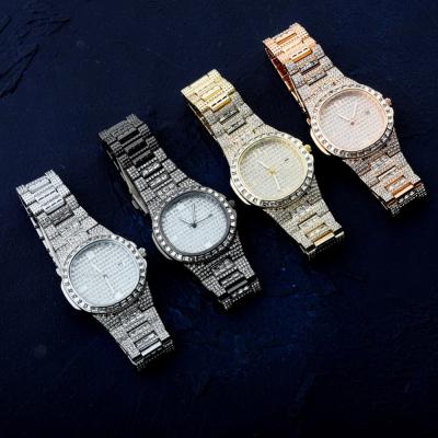 China Day/Date OH Iced Out Diamond Watch Quartz Gold Silver Color Micro Paved Hip Hop Personality Stainless Steel Watch for sale