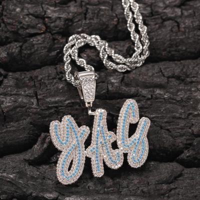 China Hiphop Hip Hop Male Mens Jewelry Custom Iced Out Clear And Mixed Blue Zircon Pave Name Pendant With Rope Chain for sale