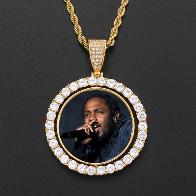 China New Hiphop Design Custom Bling Hip Hop Iced Out Double Sided AAAAA CZ Spin Photo Image Pendant Necklace for sale