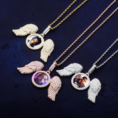 China New Angel Wings Iced Out Cubic Zirconia Medallion Hiphop Jewelry Gift Pendant Necklace Custom Photo for sale