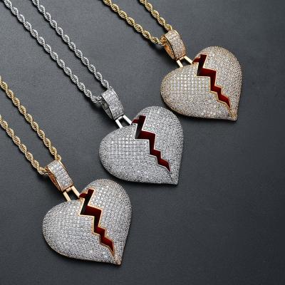 China Popular Hip Hop Hip Hop Bling Copper Iced Out Solid CZ Broken Heart Pendant Necklace For Men for sale