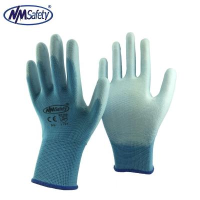 China NMSAFETY 13 Gauge Anti-Slip Polyester Blue Liner Coated PU On Palm Work Gloves for sale