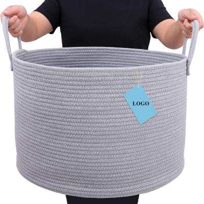 China Sustainable Long Handle Cotton Rope Woven Basket Cover Storage Basket For Living Room Decorative Laundry Basket for sale