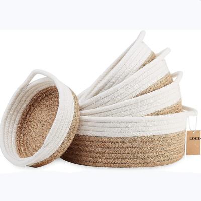 China Sustainable 5 Pieces Round Small Woven Baskets Set Foldable 100% Cotton Rope Natural Storage Baskets Multifunctional Basket for sale