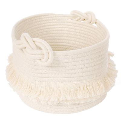 China Decorative Woven Cute Viable Storage Baskets Cotton Rope Basket For Diaper Covers Magazine And Locks Modern Tassel Nursery Basket for sale