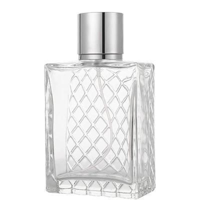 China Grid Design 100ml Perfume Glass Bottle Cosmetic Classic Square Shape Perfume Bottle for sale