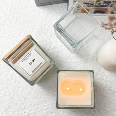 China Fashion Design Cosmetic Cubic Candle Jar Glass Candle Holder With Wooden Lid for sale