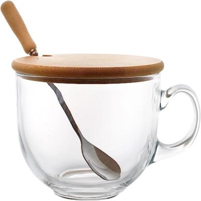 China Hot Selling Milk Water Milk Glass Cup Wood Lid Clear Glass Cup With Spoon for sale