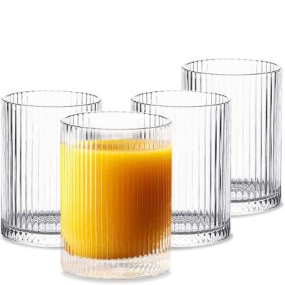 China Beverage Bubble Tea Cup Vertical Stripes Transparent Single Ribbed Glass Mug for sale