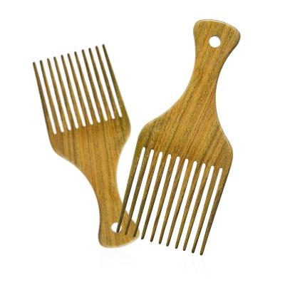 China Home Professional Customized Green Sandalwood Tooth Afro Pick Wide Beard Hair Comb for sale