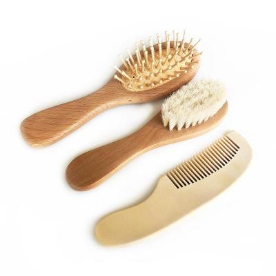 China New Arrival 3Pcs Logo Natural Waterproof Custom Made Goat Hair Brush Baby Eco-friendly Hair Brush With Wooden Handle for sale