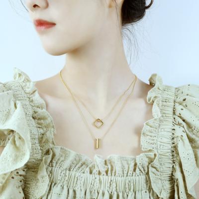 China Hiphop Titanium Necklace Jewelry Square Band Double Layer Double Layer Autumn/Winter Gold Sweater Simple Elegant Multilayer Stacked Steel Chain for sale