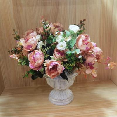 China Eco-friendly Artificial Flower With Pot Decoration Fiber Peony And Leaves Indoor Decorative Arrangement for sale