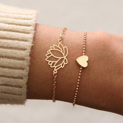 China High Quality 2pcs Bracelets For Women Fashion Hollow Lotus Heart Anklets Adjustable Brace Bracelet Girlfriend Gifts Gold Hand Chain for sale