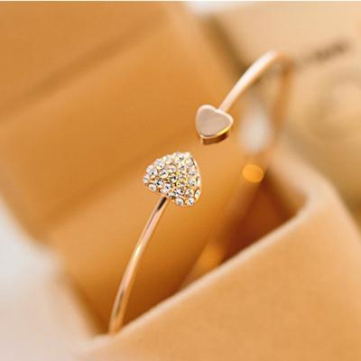 China 2021 Hot New High Quality Fashion Crystal Double Heart Bow Cuff Opening Bangle Gold Adjustable Bracelet For Women Jewelry Gift for sale