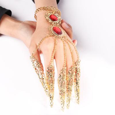 China High Quality Fashion Finger Thai Indian Gold Bracelet Shining Red Crystal Girl Long Nails Belly Dance Bracelet High Quality Jewelry for sale