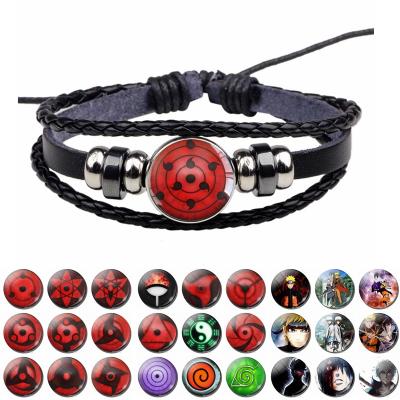 China High Quality Shippuden Eye Bracelet Men Anime Uchiha Blood Chakra Eye Kaleidoscope Glass Button Black Armor Leather Bracelet Fashion Jewelry for sale