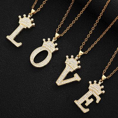 China Hiphop Stainless Steel Zircon Alphabet Necklaces Hiphop Pendant Women Men Crown Hip Hop Gold Chain Necklace Initial Letter Necklace for sale