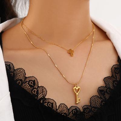 China Trendy Trendy Fashion Butterfly Jewelry Stainless Steel Women Necklace Double Layer Gold Pendant Necklace for sale