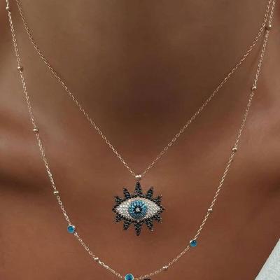 China High Quality Blue Eyes Bead Choker Necklace Gold Plated Micro Zircon Crystal Eyes Pendant Necklace Jewelry for sale