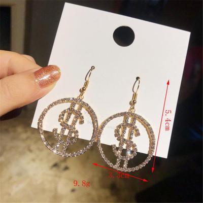 China 2021 FASHIONABLE personality rhinestone dollar icon shape hanging shiny dangle exaggerated women's earrings prevent allergy quality earrings for sale