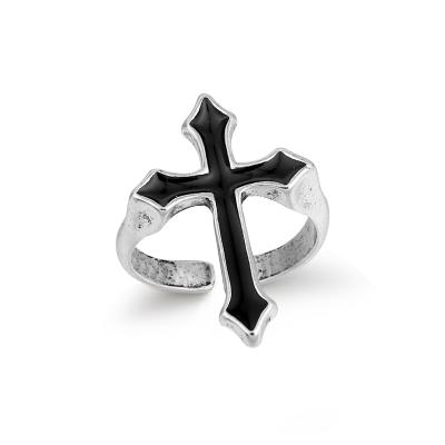 China Vintage CLASSIC Black Big Cross Open Ring Mens Metal Color Trendy Gothic Ring For Women Party Jewelry for sale