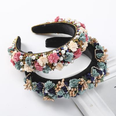 China Luxurious Fashion Wedding Headband Women Fashion Headwear Rhinestone Fabric Lace Flower Framing Bridal Hair Band for sale