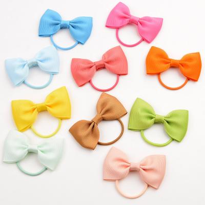 China Decorate 2pcs/lot Small Ribbon Hair Hanger With Elastic Hair Bands For Kids Girls Ponytail Candy Color Bowknot Hair Ropes Ties Hair Accessories for sale