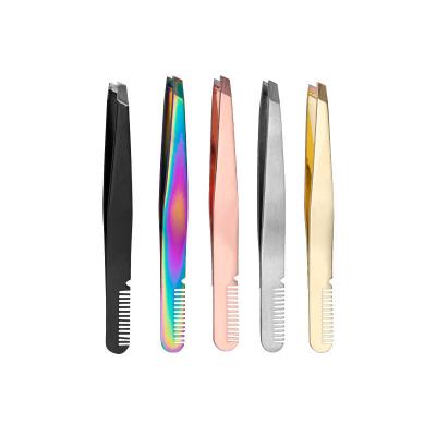 China Best Selling Custom Eco-Friendly Logo Stainless Steel Private Eyebrow Tweezers With Comb for sale