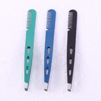 China Wholesale High Quality Eyebrow Private Label Black Color Precision Makeup Slope Tip Eyebrow Tweezers With Comb for sale