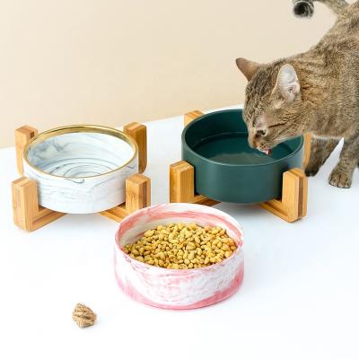 China Durable Wooden Stand Pet Feeder Bowls Non Slip Ceramic Pet Bowl Elevated Dog Bowl for sale