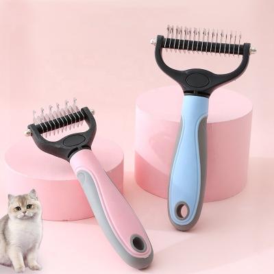 China Stocked Dematting Undercoat Rake Comb Double Sided Shedding Comb Pet Grooming Brush for sale