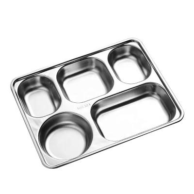 China 304 Stainless Steel Canteen Mess 5 Compartment Viable Hot Selling Fast Food Lunch Dish Snack Dish Divided Tray for sale