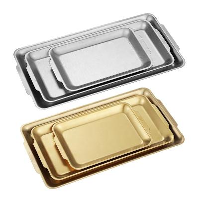 China Sustainable Korean Golden Retro Dessert Buffet Plates Flat Steak Fruit Plate Tray 304 Stainless Steel Shallow Barbecue Dish for sale