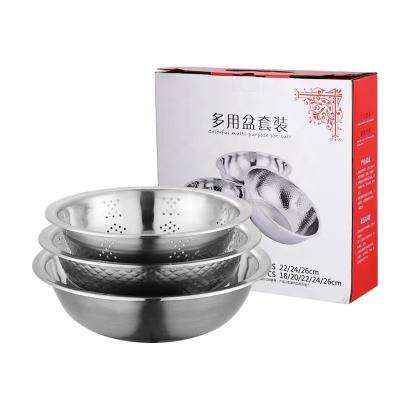 China Steamable Kitchenware Stainless Steel 3 Pcs Colander Set Rice Washing Strainer Basket Strainer for sale