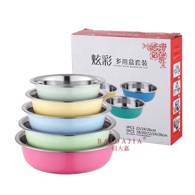 China Multi-function Sustainable Kitchen Utensil Cheap Kitchen Utensil Multifunctional Stainless Steel Soup Bowl Colorful Basin 5 Sets for sale