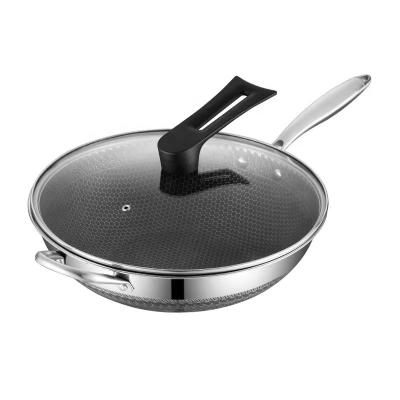 China 410 Stainless Steel Triple Wok Honeycomb Frying Pan Sustainable Chinese Non-Stick Frying Pan With Handle Black Cube for sale