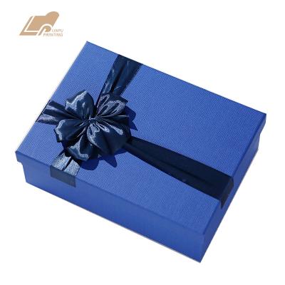 China Recycled Materials Design Rigid Gift Box Rectangular Bottom And Lid Boxes With Bow Ribbon for sale