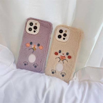 China Winter Shockproof Furry Cute Happy Expression Phone Case Mobile Phone Cover Plush Soft Silicone Fundas for sale